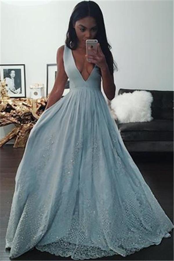 Baby Blue V-Neck Beading Lace Formal Evening Dresses Beautiful Sleeveless Formal Dresses-Dbrbridal