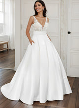 Ball-Gown Satin V-Neck Wedding Dresses Pockets-Dbrbridal
