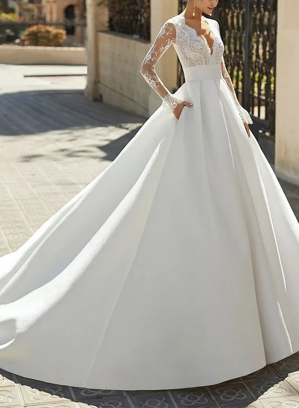 Ball-Gown V-Neck Long Sleeves Chapel Train Wedding Dresses Pockets-Dbrbridal