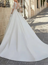 Ball-Gown V-Neck Long Sleeves Chapel Train Wedding Dresses Pockets-Dbrbridal