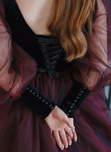 Ball-Gown V-Neck Long Sleeves Retro style Tulle Velvet Black Red Gothic Wedding Dresses-Dbrbridal