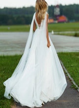 Ball-Gown V-Neck Sleeveless Tulle Floor-Length Wedding Dress Cascading Ruffles-Dbrbridal