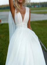 Ball-Gown V-Neck Sleeveless Tulle Floor-Length Wedding Dress Cascading Ruffles-Dbrbridal