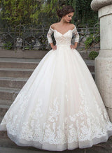 Ball-Gown V-Neck Tulle Lace Chapel Train Wedding Dress Appliques Lace-Dbrbridal