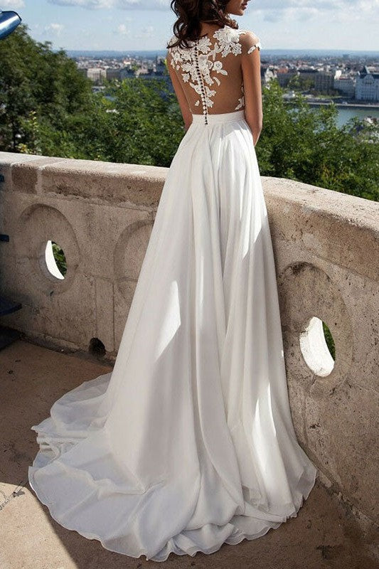 Beach Wedding Dress A-line Chic V-Neck Sleeveless Split Lace Appliqued Boho Bridal Gowns With Sweep Train-Dbrbridal