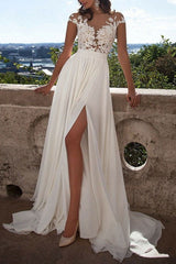 Beach Wedding Dress A-line Chic V-Neck Sleeveless Split Lace Appliqued Boho Bridal Gowns With Sweep Train-Dbrbridal