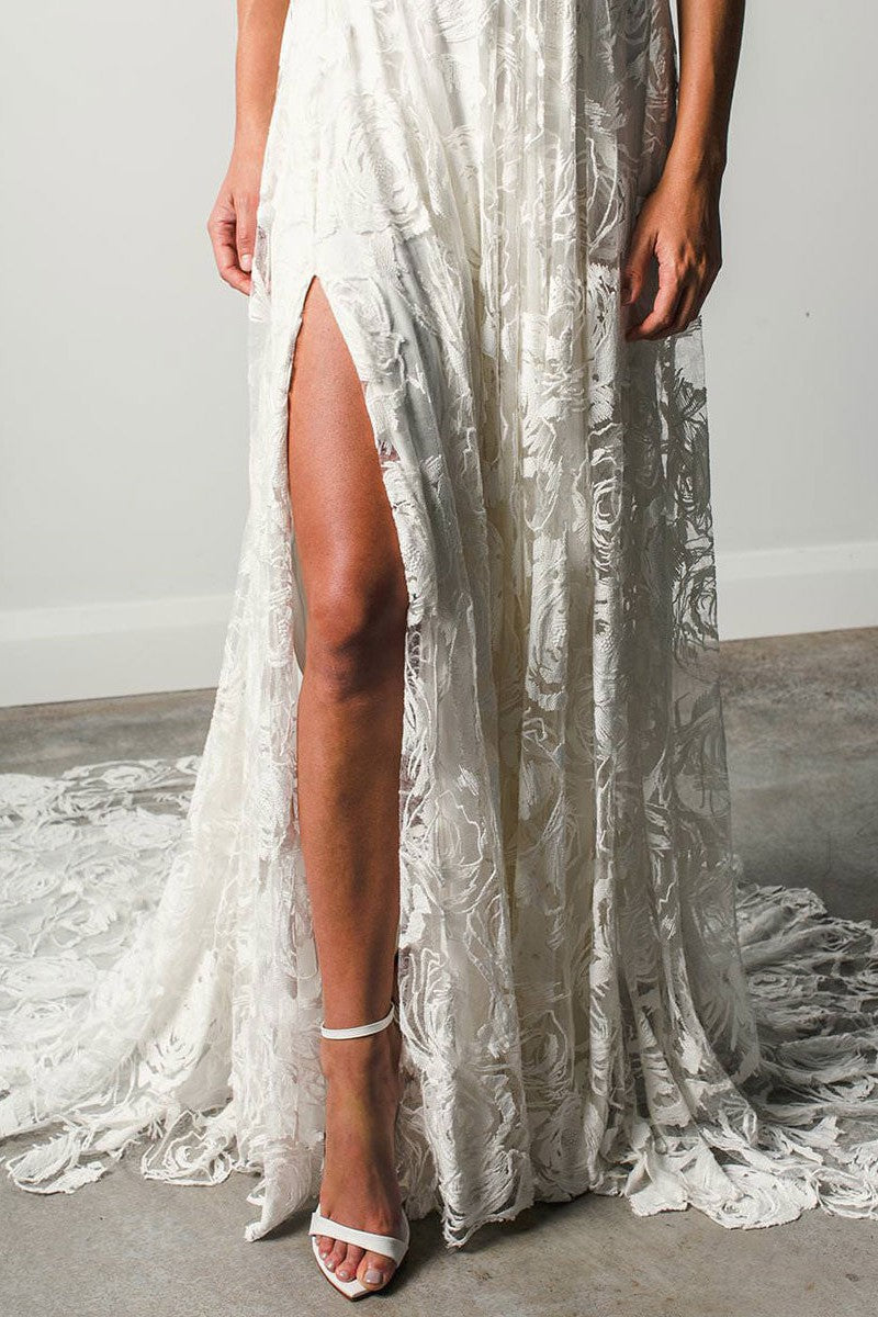 Beach Wedding Dress With Chapel Train White V-neck Sleeveless Backless Lace Split Long Bridal Gowns Dbrbridal Beach Wedding Dress With Chapel Train White V-neck Sleeveless Backless Lace Split Long Bridal Gowns Dbrbridal