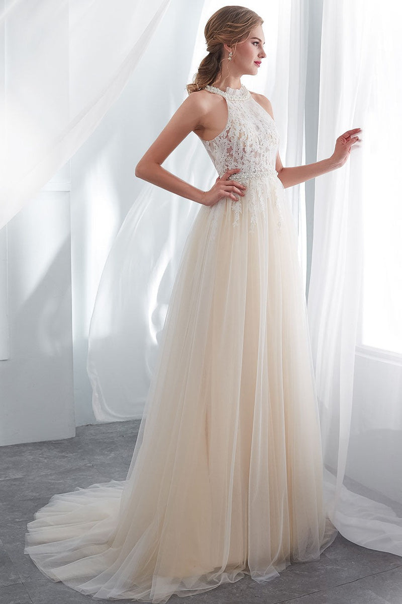 Beach Wedding Dresses Halter Champagne Lace Tulle Beaded Flowers Brida – Dbrbridal