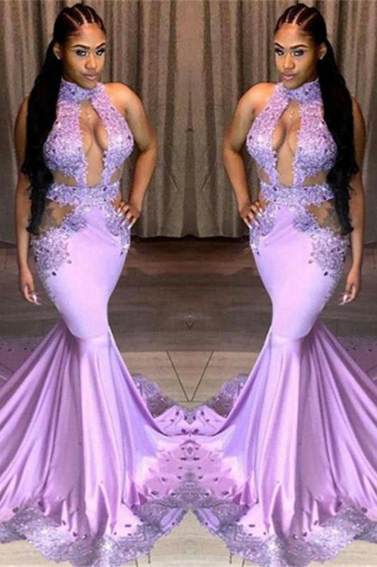 Beautiful Halter Sleeveless Sequins Appliques Lace Mermaid Prom Dresses-Dbrbridal