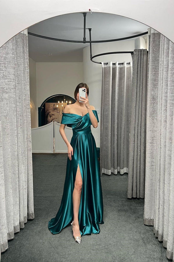 Beautiful Off The Shoulder Prom Dress With Split Ruffles A-Line Evening Gowns-Dbrbridal