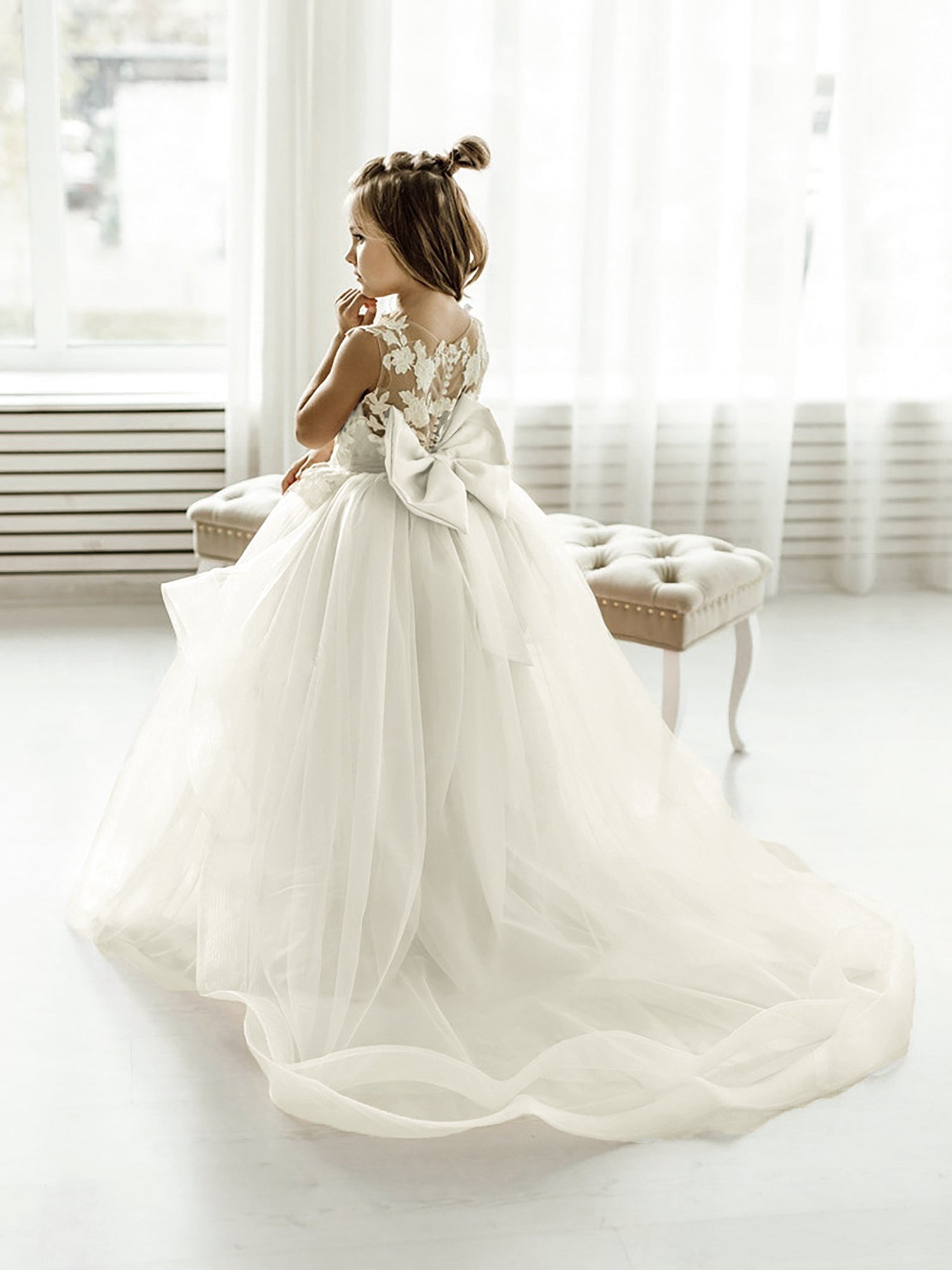 Lace Boat Neck Top Puffy A-Line Flower Girl Dress main image 0