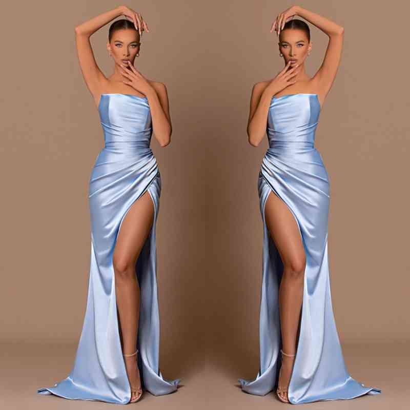 Beautiful Sky Blue Strapless Mermaid Prom Dresses Long Split-Dbrbridal