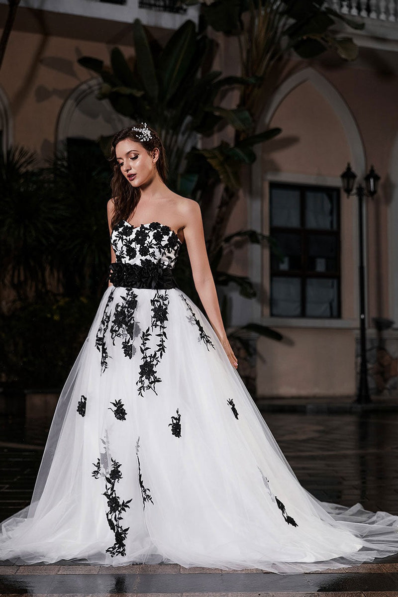 Black A-Line Wedding Dress Strapless Black Applique Sash Tulle Satin Fabric Wedding Gown Exclusive