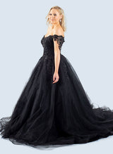 Black Gothic Ball-Gown Off-The-Shoulder Tulle Prom Dresses Featuring Appliques Lace-Dbrbridal