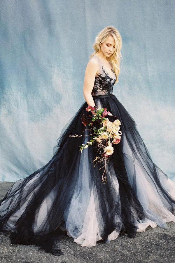 black tulle wedding dresses Romantic Black Wedding Dresses Modest Long Train Lace Ombre Wedding Gown  SEW030 main image 1