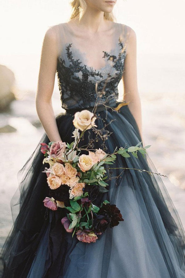 Black Gothic Wedding Dresses A-Line V-neck Sleeveless Ball Gown Tulle Lace Bridal  Gown  Dbrbridal