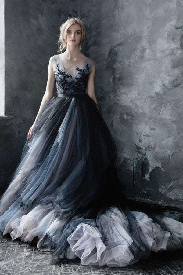 Black Gothic Wedding Dresses A-Line V-neck Sleeveless Ball Gown