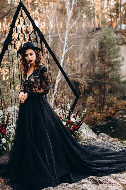 Black Long Sleeves Lace Evening Dress Tulle Party Gowns – Dbrbridal