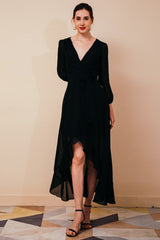 Black Long Sleevess High low Chiffon Evening Party Gowns-Dbrbridal