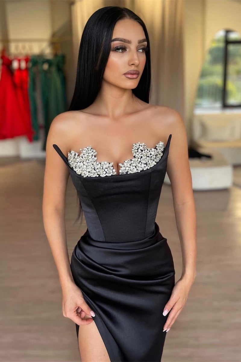 Black Long Split Mermaid Prom Dress with Crystal Removable Ruffle-Dbrbridal