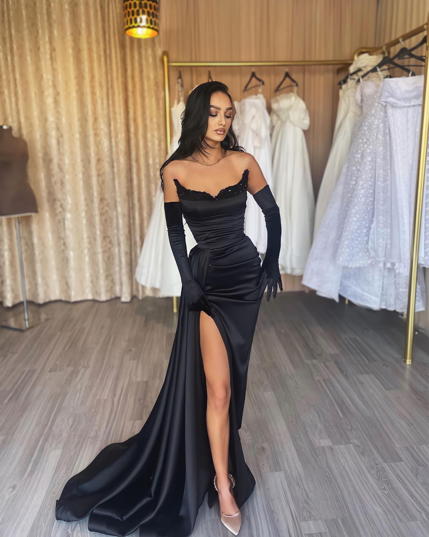 Black Mermaid Prom Dress with Sequins and Long Slit – Dbrbridal