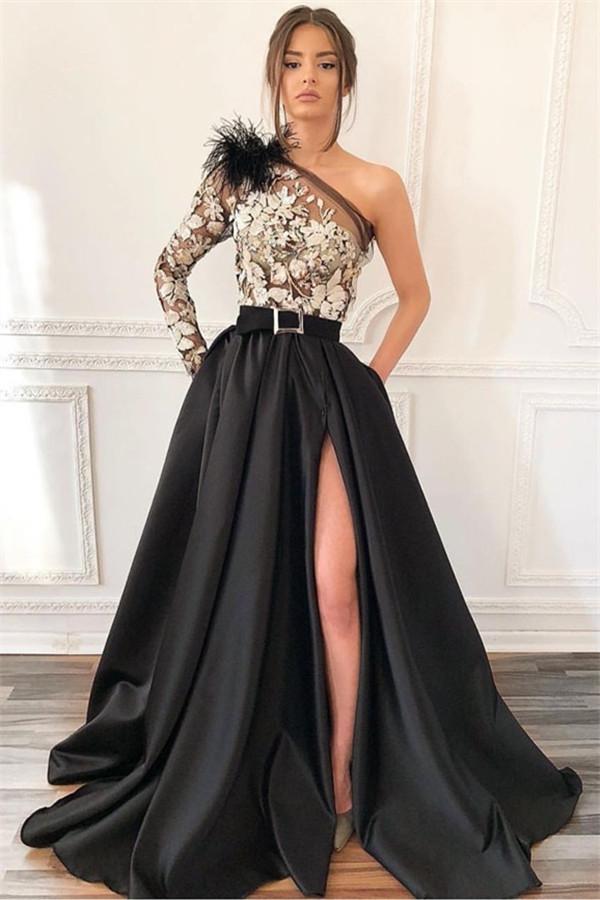 Black One Shoulder Side Split Feather Applique Formal Dresses-Dbrbridal