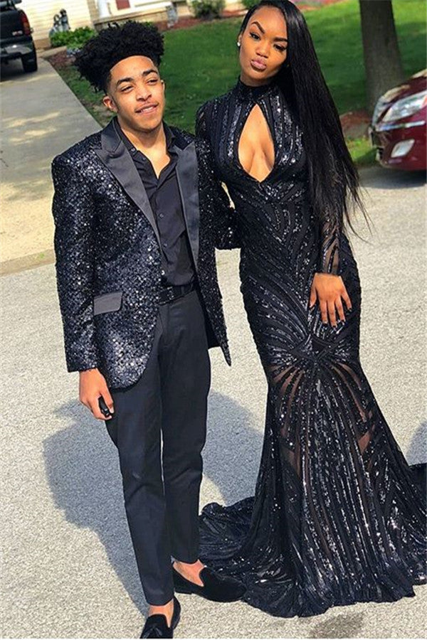 Black Sequins Men Suit Online Amazing Peak Lapel Two Piece Prom Outfits-Dbrbridal