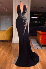 Black V-Neck Mermaid Prom Dress with Split and Beadings-Dbrbridal