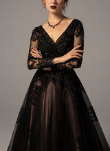 Black Wedding Dresses Chic A-line V-Neck Long Sleeves Sweep Train in Lace Tulle-Dbrbridal