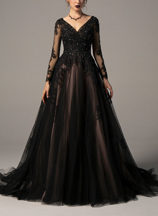 Black Wedding Dresses Chic A-line V-Neck Long Sleeves Sweep Train in Lace Tulle-Dbrbridal