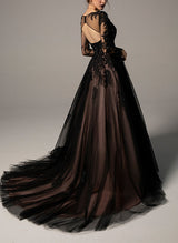 Black Wedding Dresses Chic A-line V-Neck Long Sleeves Sweep Train in Lace Tulle-Dbrbridal