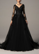 Black Wedding Dresses Chic A-line V-Neck Long Sleeves Sweep Train in Lace Tulle-Dbrbridal