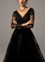 Black Wedding Dresses Chic A-line V-Neck Long Sleeves Sweep Train in Lace Tulle-Dbrbridal