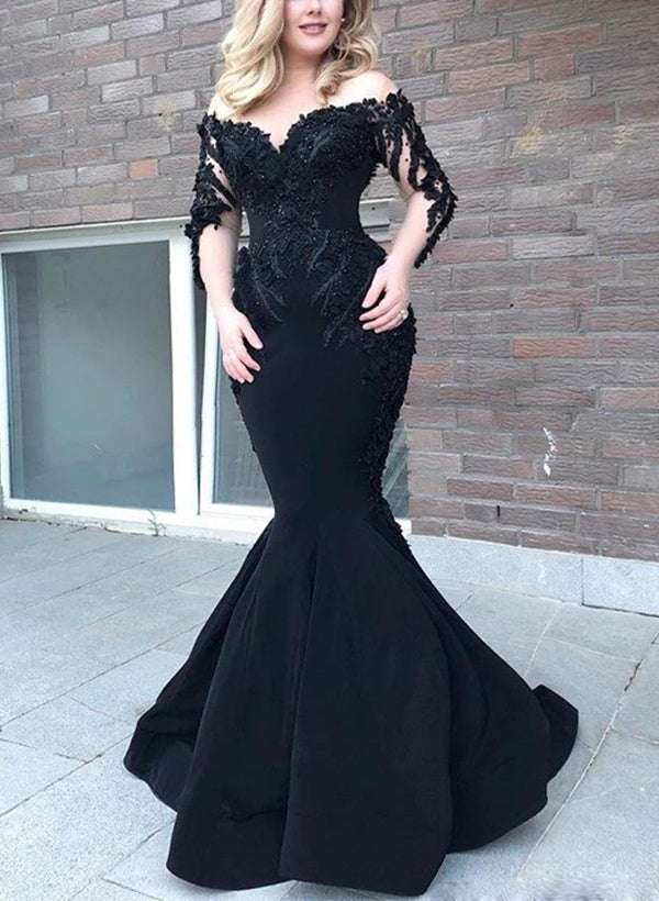 Black Wedding Dresses Off-The-Shoulder Long Sleeves Mermaid Fitted-Dbrbridal