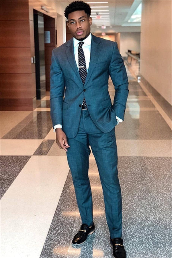 Blue Plaid Prom Suit Formal Business Two Piece Men Suits-Dbrbridal