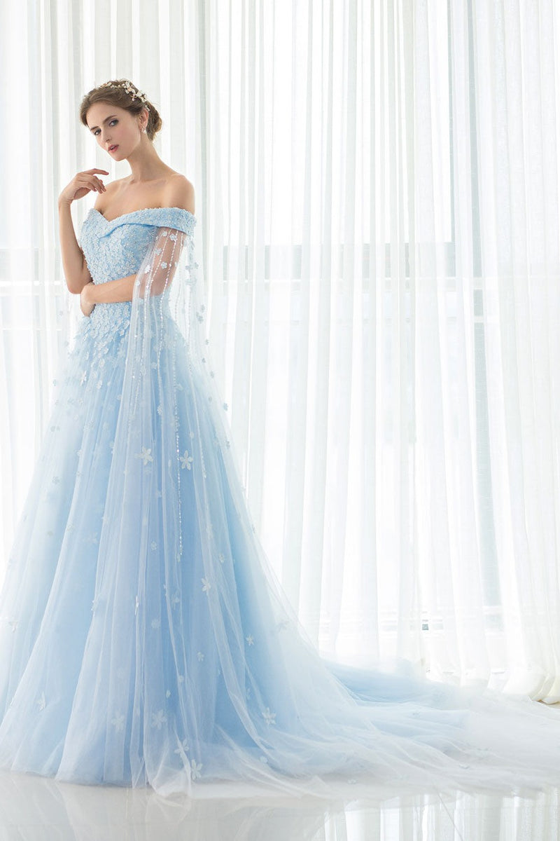 Blue Wedding Dress Lace Flower Applique Off-the-shoulder Tulle Cape Chaple Train A-line Bridal Gown Dbrbridal Blue Wedding Dress Lace Flower Applique Off-the-shoulder Tulle Cape Chaple Train A-line Bridal Gown Dbrbridal