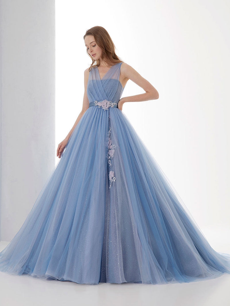 Blue Wedding Dresses With Train Strapless Sleeveless Lace Up Natural Waist Long Lace Tulle Bridal Gown-Dbrbridal