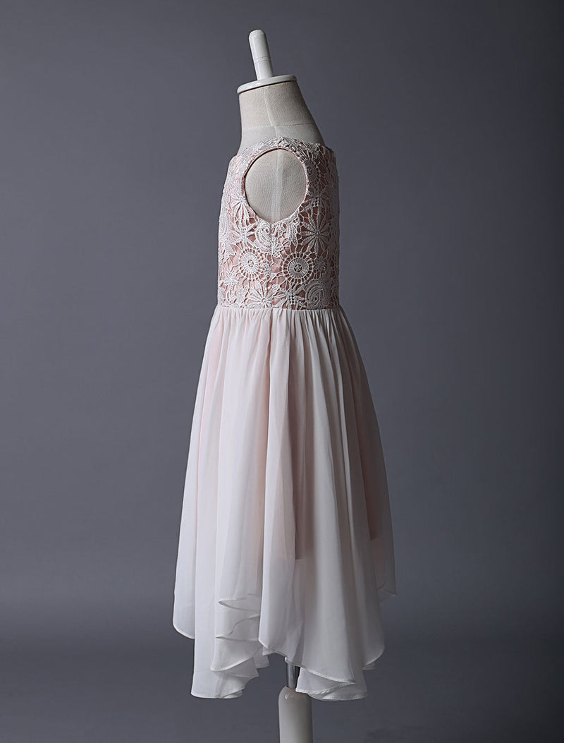 Blush Pink Flower Girl Boho Dress Tea Length Lace Chiffon Irregular Design Kids Party Dresses-Dbrbridal