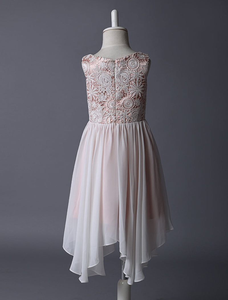 Blush Pink Flower Girl Boho Dress Tea Length Lace Chiffon Irregular Design Kids Party Dresses-Dbrbridal