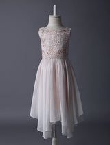Blush Pink Flower Girl Boho Dress Tea Length Lace Chiffon Irregular Design Kids Party Dresses-Dbrbridal
