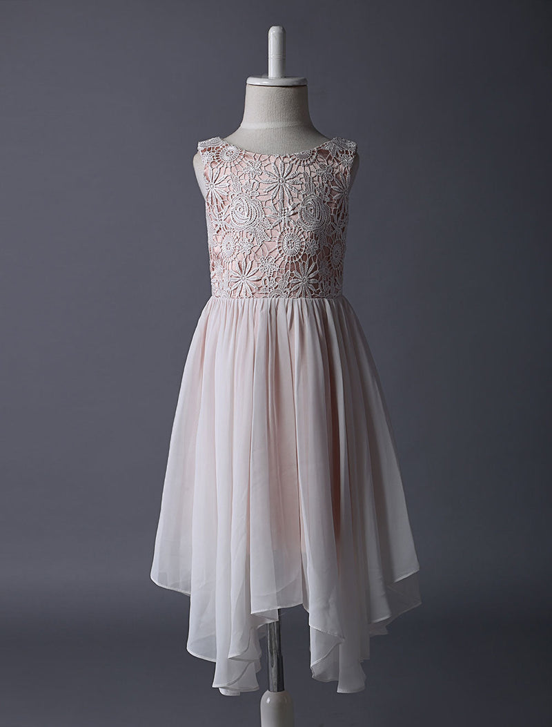 Blush Pink Flower Girl Boho Dress Tea Length Lace Chiffon Irregular Design Kids Party Dresses-Dbrbridal