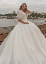 Boho Garden Ball-Gown V-Neck Organza Wedding Dresses Lace Appliques Sleeves-Dbrbridal