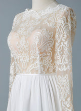 Boho Garden Chic A-line Illusion Neck Long Sleeves Lace Tulle Wedding Dresses-Dbrbridal