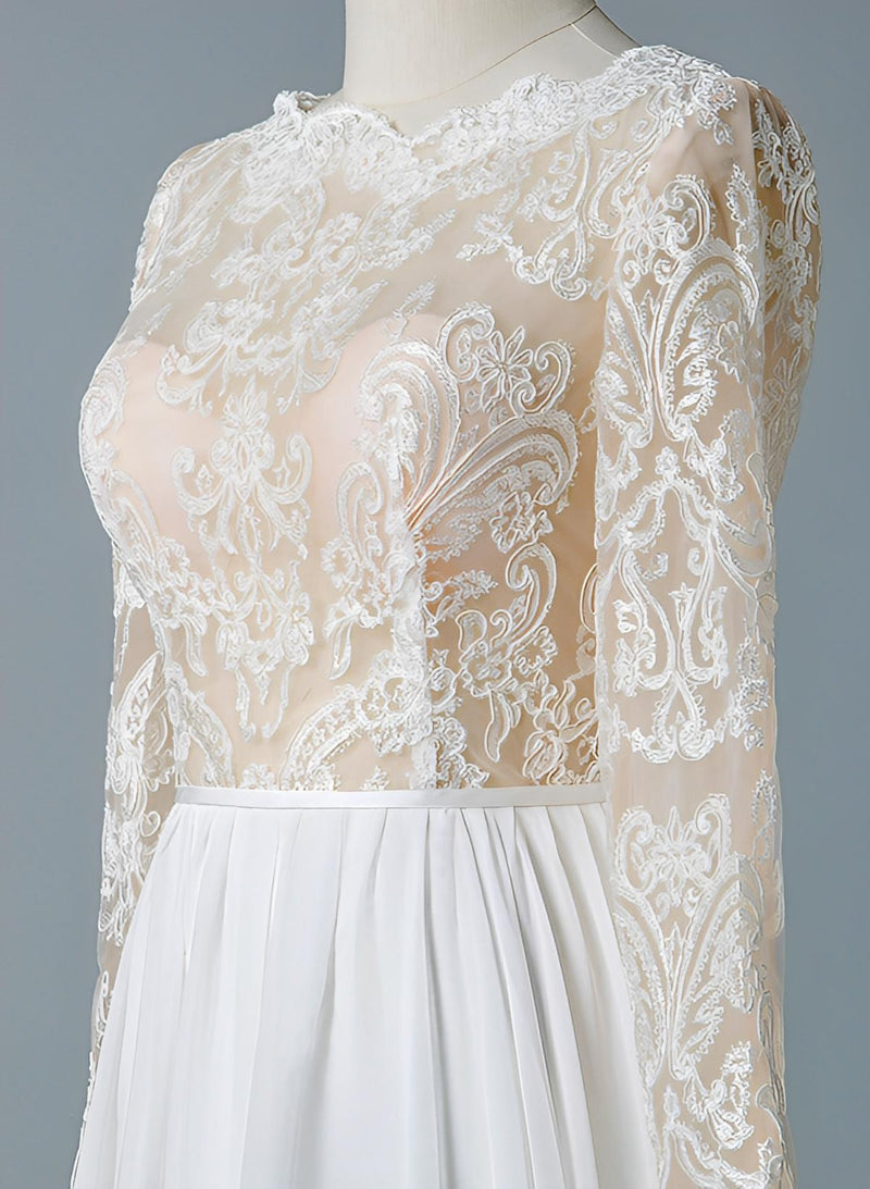 Boho Garden Chic A-line Illusion Neck Long Sleeves Lace Tulle Wedding Dresses-Dbrbridal