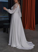 Boho Garden Chic A-line V-Neck Long Sleeves Sweep Train Lace Satin Wedding Dresses-Dbrbridal