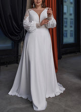 Boho Garden Chic A-line V-Neck Long Sleeves Sweep Train Lace Satin Wedding Dresses-Dbrbridal