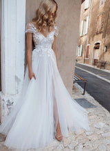 Boho Garden Chic A-line V-Neck Short Sleeves Lace Tulle Wedding Dresses Front Split-Dbrbridal