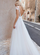 Boho Garden Chic A-line V-Neck Short Sleeves Lace Tulle Wedding Dresses Front Split-Dbrbridal