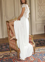 Boho Garden Chiffon Lace Wedding Dress Chic A-line Silhouette Scoop Neck Short Sleeves-Dbrbridal