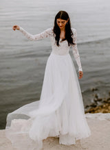 Boho Garden Lace Chic A-line Open Back Long Sleeves Wedding Dresses Tulle-Dbrbridal